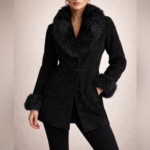 Italian Vera Pelle Luxury Black Suede Fur Trim Afghan Coat M